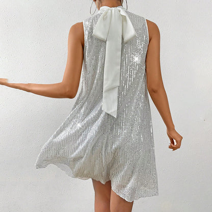 Women's Sparkly Sequin Sleeveless Mock Neck Dress Glittery Evening Party Dress