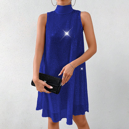Women's Sparkly Sequin Sleeveless Mock Neck Dress Glittery Evening Party Dress