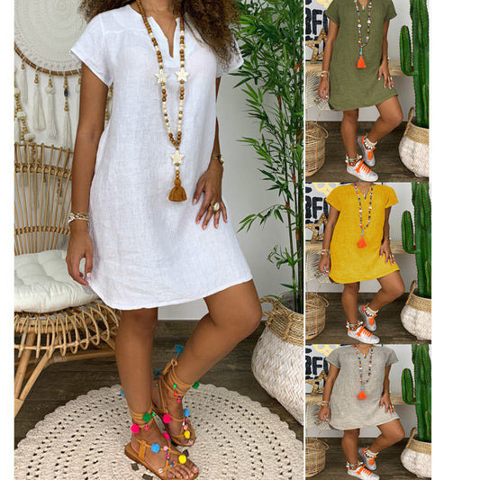 Womens Summer Casual Solid Color V Neck Short Sleeve Dresses Boho Beach Sundresses