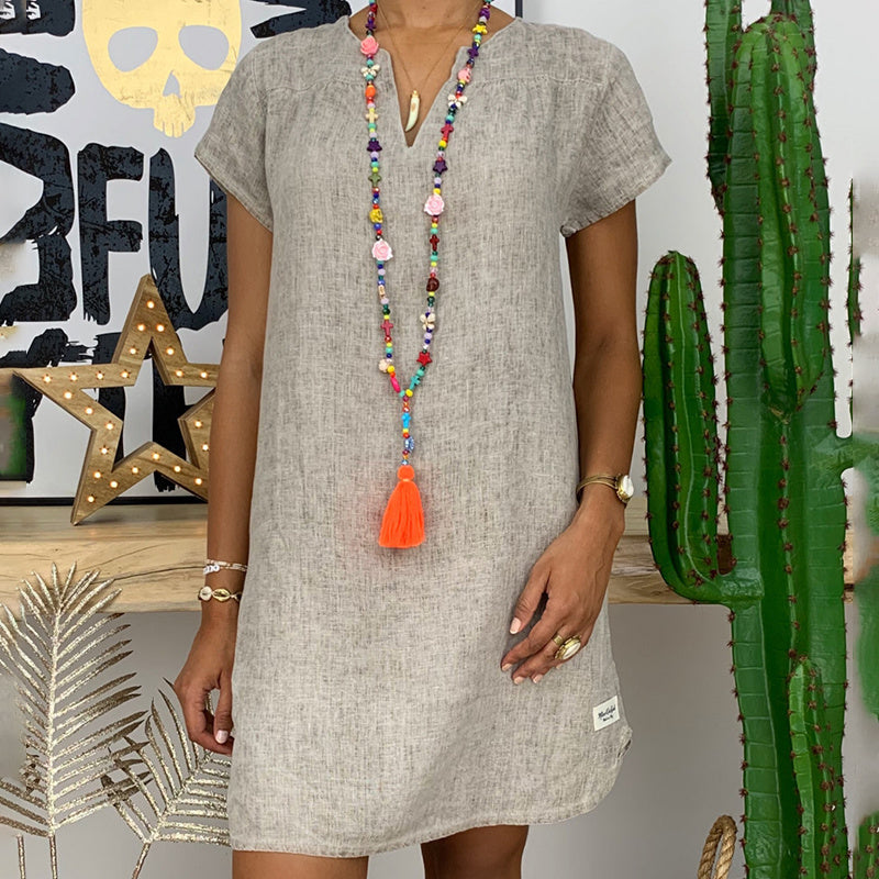 Womens Summer Casual Solid Color V Neck Short Sleeve Dresses Boho Beach Sundresses