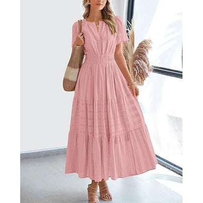 Women's Summer Short Sleeve V Neck Swing Dress Flowy Pleated Tiered Maxi Beach Sundress With Pockets