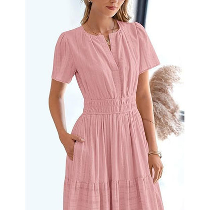 Women's Summer Short Sleeve V Neck Swing Dress Flowy Pleated Tiered Maxi Beach Sundress With Pockets