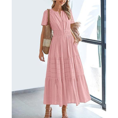 Women's Summer Short Sleeve V Neck Swing Dress Flowy Pleated Tiered Maxi Beach Sundress With Pockets