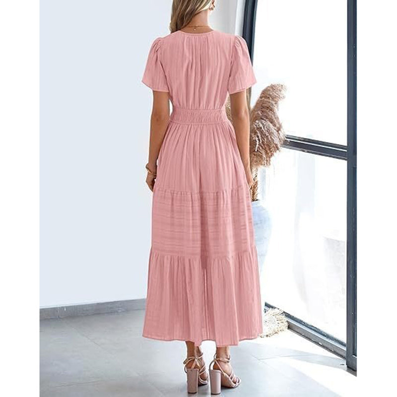 Women's Summer Short Sleeve V Neck Swing Dress Flowy Pleated Tiered Maxi Beach Sundress With Pockets