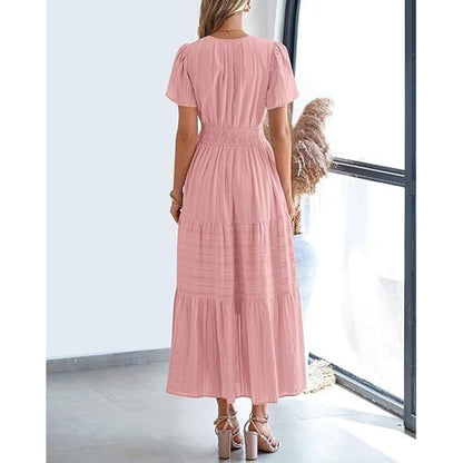 Women's Summer Short Sleeve V Neck Swing Dress Flowy Pleated Tiered Maxi Beach Sundress With Pockets