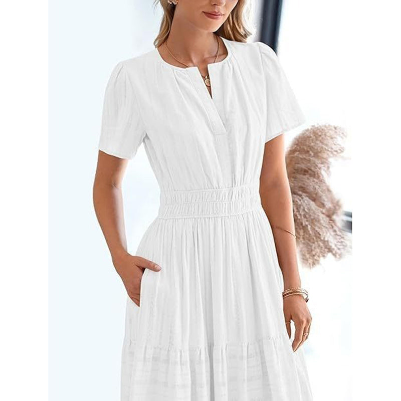 Women's Summer Short Sleeve V Neck Swing Dress Flowy Pleated Tiered Maxi Beach Sundress With Pockets