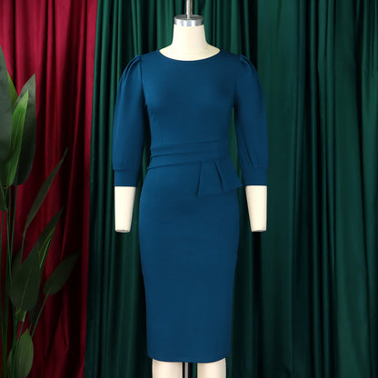 Women's Bodycon Pencil Dress Round Neck 3 4 Sleeve Peplum Wear To Work Office Dress