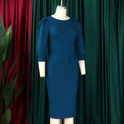 Women's Bodycon Pencil Dress Round Neck 3 4 Sleeve Peplum Wear To Work Office Dress