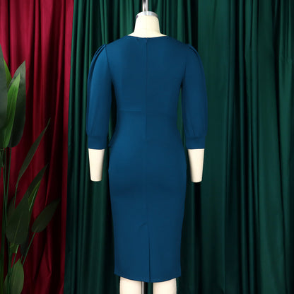 Women's Bodycon Pencil Dress Round Neck 3 4 Sleeve Peplum Wear To Work Office Dress