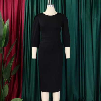 Women's Bodycon Pencil Dress Round Neck 3 4 Sleeve Peplum Wear To Work Office Dress