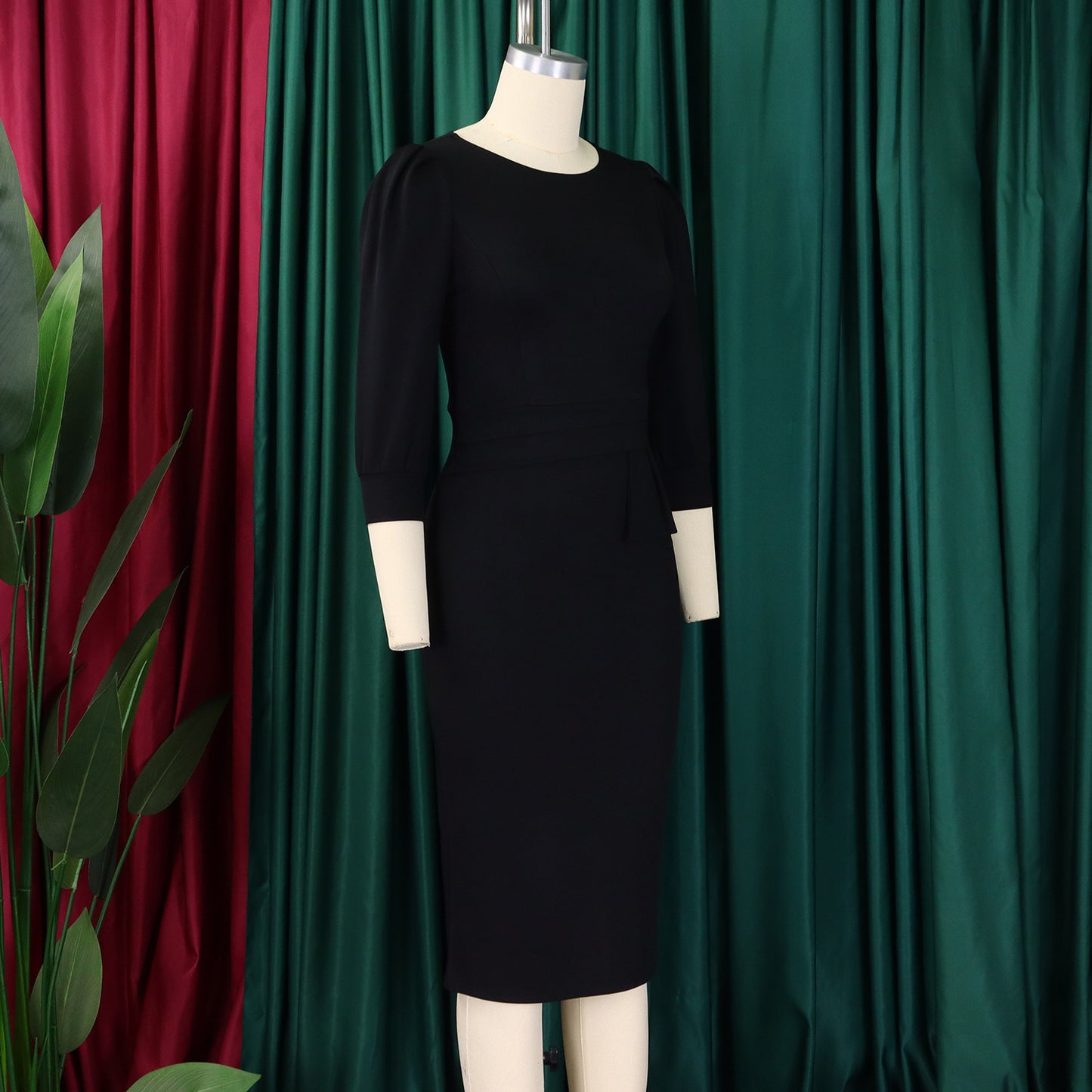 Women's Bodycon Pencil Dress Round Neck 3 4 Sleeve Peplum Wear To Work Office Dress