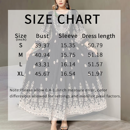 Women's Bohemian Embroidered Maxi Dress Elegant 3 4 Sleeve Swing Dress