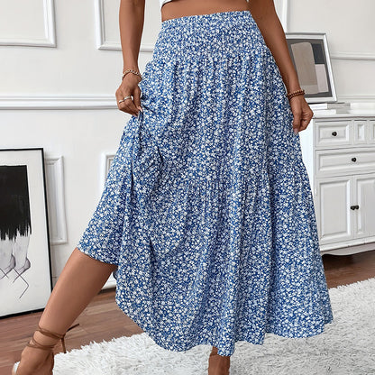 Women's Boho Floral Maxi Skirt - High Elastic Waist, Pleated A-Line Long Skirt