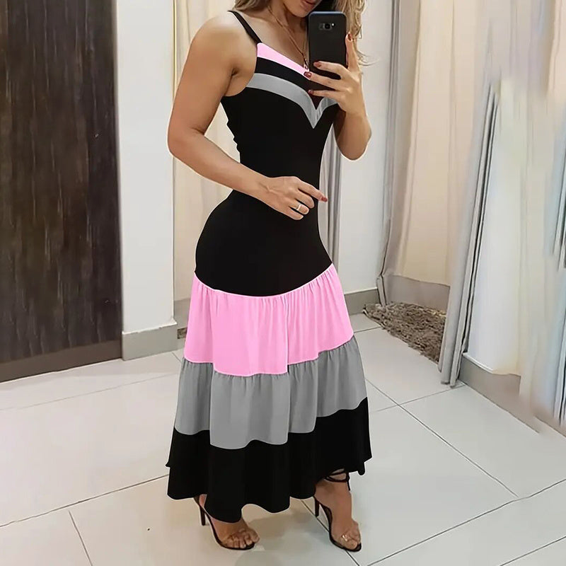 Women's Summer Casual Sleeveless V Neck Color Block Spaghetti Strap Maxi Long Dress