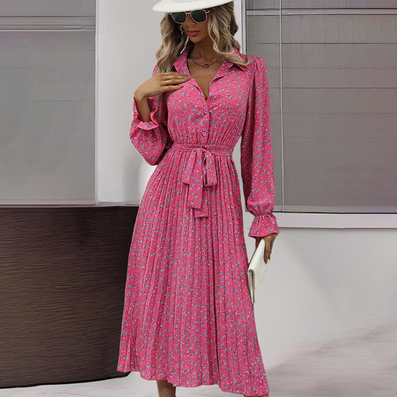 Women's Long Sleeve V Neck Button Down Belted A-Line Flowy Midi Shirt Dress