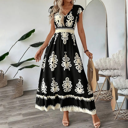 Women's Summer Flowy Maxi Dress Casual Cap Sleeve V Neck Smocked Waist Beach Sundress