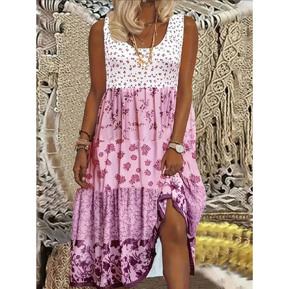 Women's Plus Size Boho Floral Dresses Sleeveless Tiered Pleated Swing Long Sundress
