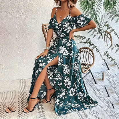 Women's Floral Maxi Dress Cold Shoulder Split Belted A Line Long Summer Dress