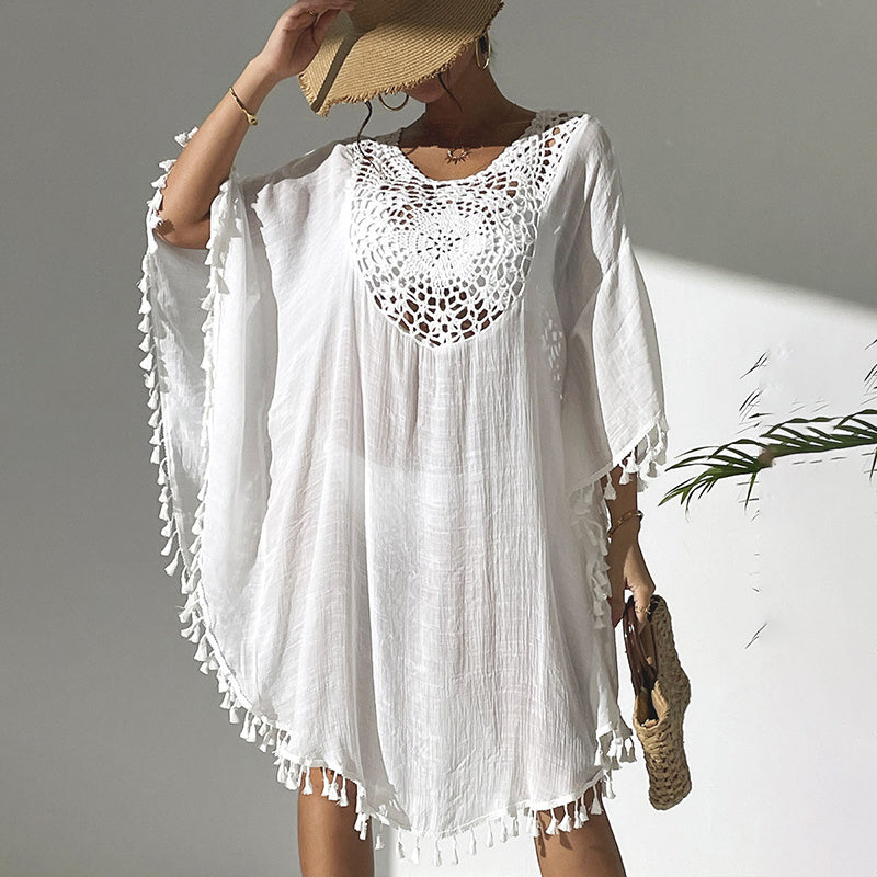 Sexy Tassel Trim Crochet Cover Up Women's Solid Color Beachwear, Summer Round Neck Boho Fashion Dress