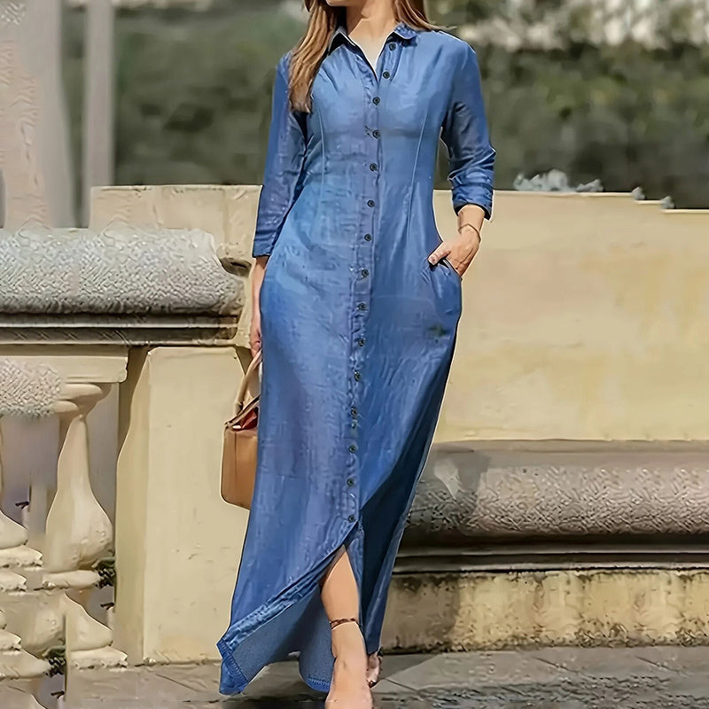 Womens Casual Button Down Denim Maxi Dress Long Sleeve Long Jean Dresses With Pockets