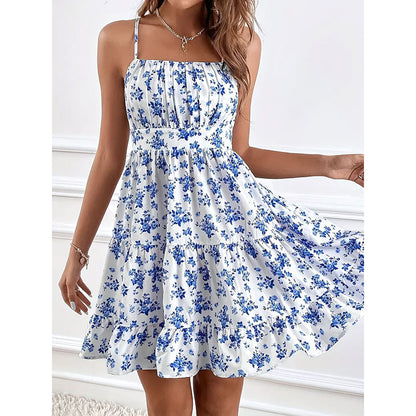 Womens Summer Floral Print Smocked Mini Dress Sleeveless Spaghetti Strap Slim Fit Flowy Dresses