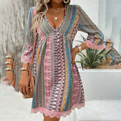 Women's V-Neck Print Dress - Lace Trim Summer Sundress, Casual Boho Chic Style