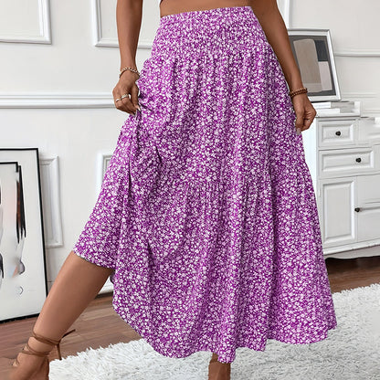 Women's Boho Floral Maxi Skirt - High Elastic Waist, Pleated A-Line Long Skirt