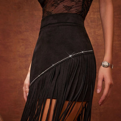 High Waisted Suede Western Studded Tassel Asymmetrical Solid Color Skirt