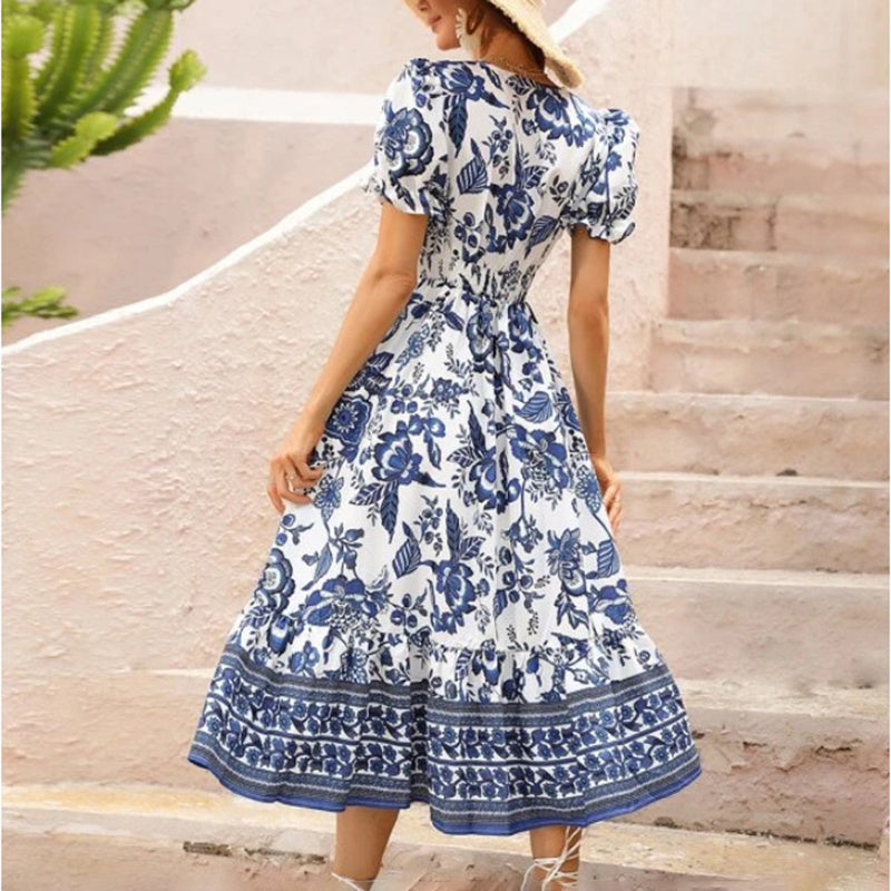 Women Floral Maxi Dress Short Puff Sleeve V Neck Bohemian Flowy Smocked Long Dress