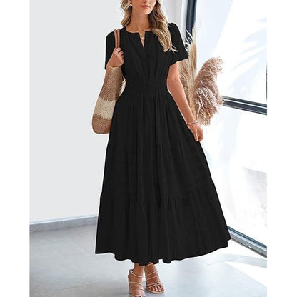 Women's Summer Short Sleeve V Neck Swing Dress Flowy Pleated Tiered Maxi Beach Sundress With Pockets