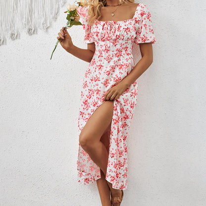 Women's Square Neck Floral Print Dress With Puff Sleeves & Side Slit - Elegant Spring Summer Boho Maxi Dress