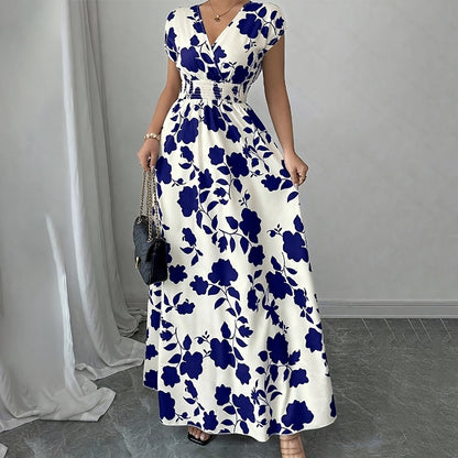 Women's Wrap V Neck Short Sleeve Empire Elastic Waist Summer Casual Elegant Maxi Long Dresses