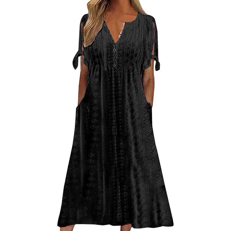 Women's Eyelet V-Neck Maxi Dress Short Sleeve Flowy A-Line Summer Beach Dress