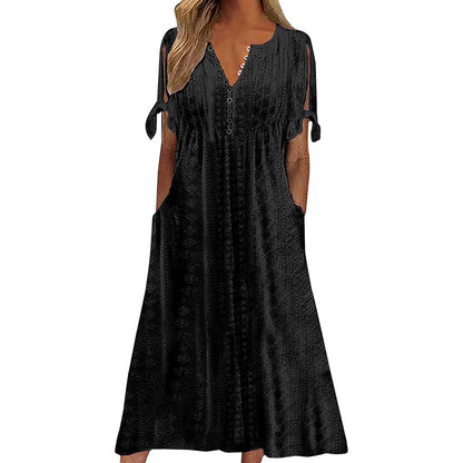 Women's Eyelet V-Neck Maxi Dress Short Sleeve Flowy A-Line Summer Beach Dress