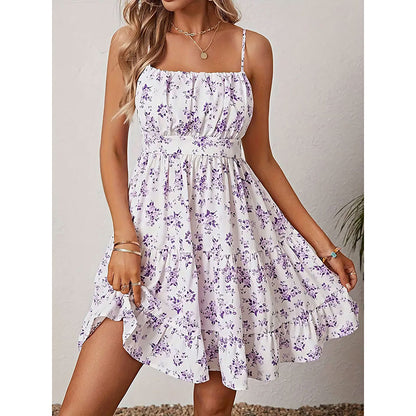 Womens Summer Floral Print Smocked Mini Dress Sleeveless Spaghetti Strap Slim Fit Flowy Dresses