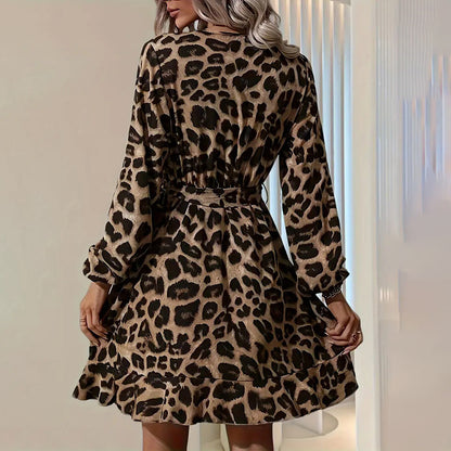 Women's Leopard Print Ruffle Hem Long Sleeve V Neck Belted A Line Dress