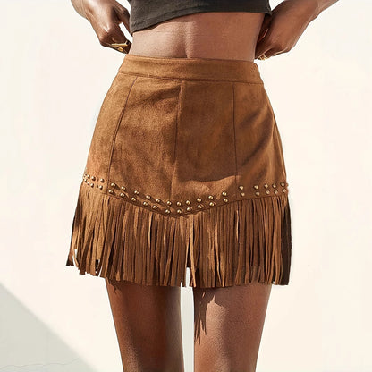 Elegant Vacation Style Women's Suede Fringe Rivet Design Short Skirt