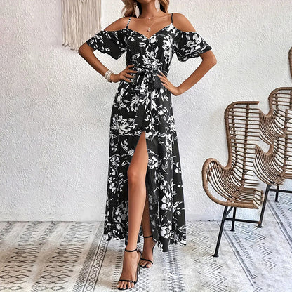 Women's Floral Maxi Dress Cold Shoulder Split Belted A Line Long Summer Dress