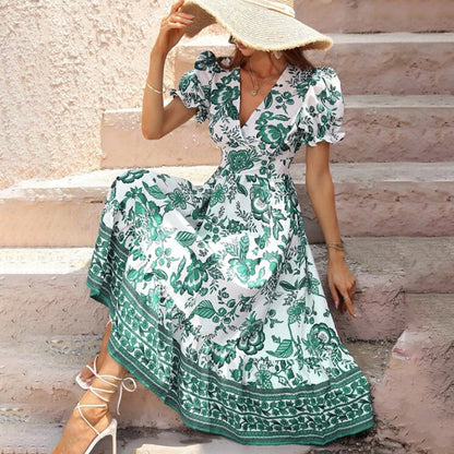 Women Floral Maxi Dress Short Puff Sleeve V Neck Bohemian Flowy Smocked Long Dress
