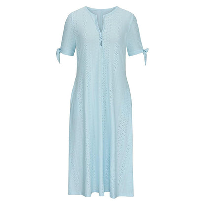 Women's Eyelet V-Neck Maxi Dress Short Sleeve Flowy A-Line Summer Beach Dress