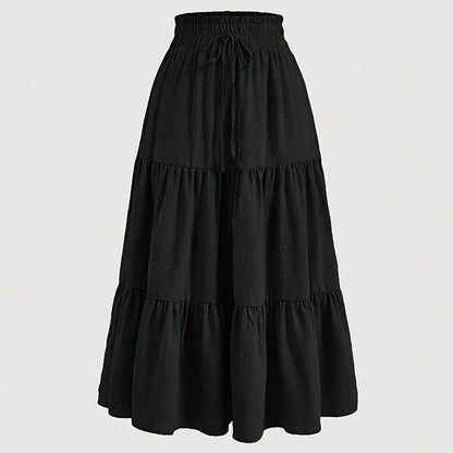Women's Solid Color High-Waist Knot Detail Flowy Pleated Midi Skirt - Elegant A-Line Skirt For Spring Summer