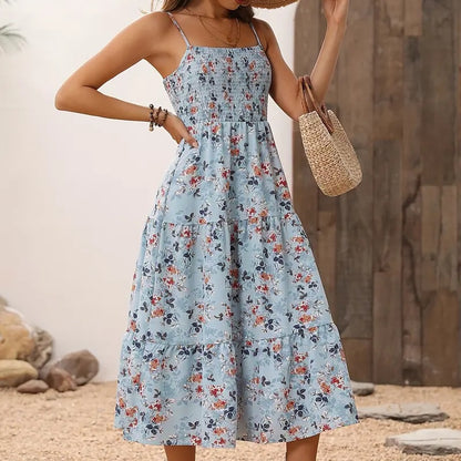 Womens Summer Floral Midi Dress Smocked Spaghetti Strap Sleeveless Tiered Casual Flowy Dresses