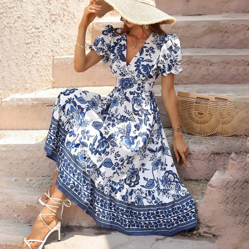 Women Floral Maxi Dress Short Puff Sleeve V Neck Bohemian Flowy Smocked Long Dress