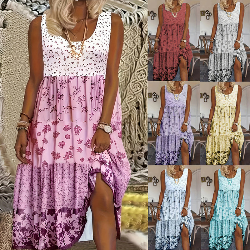 Women's Bohemian Floral Sleeveless Midi Dress Round Neck A-Line Summer Dress For Casual Or Dressy Occasions