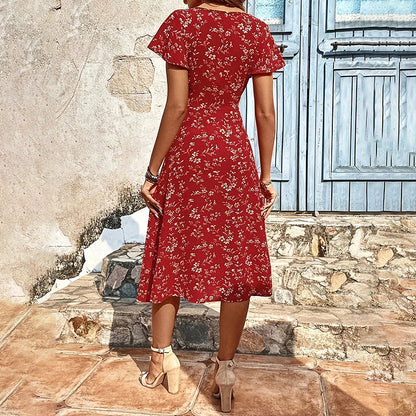 Summer Floral Print Maxi Dress Women Button Up Split Long Flowy Bohemian Beach Party Dresses