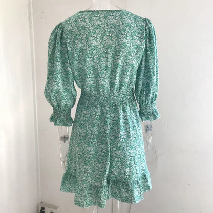 Womens Boho Floral Deep V Neck Smocked Elastic Waist Casual A-Line Swing Mini Dress Sundress