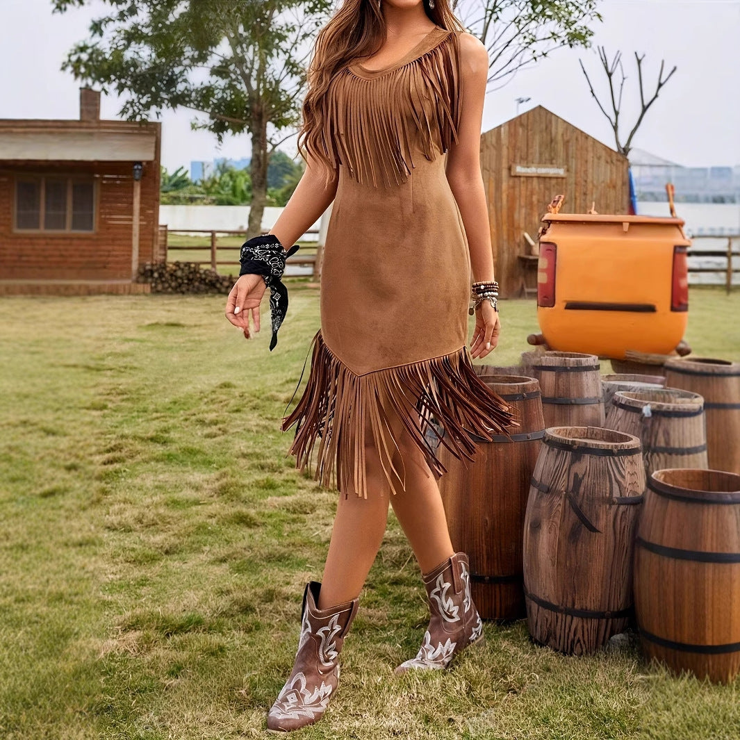 Women's Leisure Vacation Western Style Suede Subcutaneous Fringe Dress