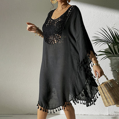 Sexy Tassel Trim Crochet Cover Up Women's Solid Color Beachwear, Summer Round Neck Boho Fashion Dress