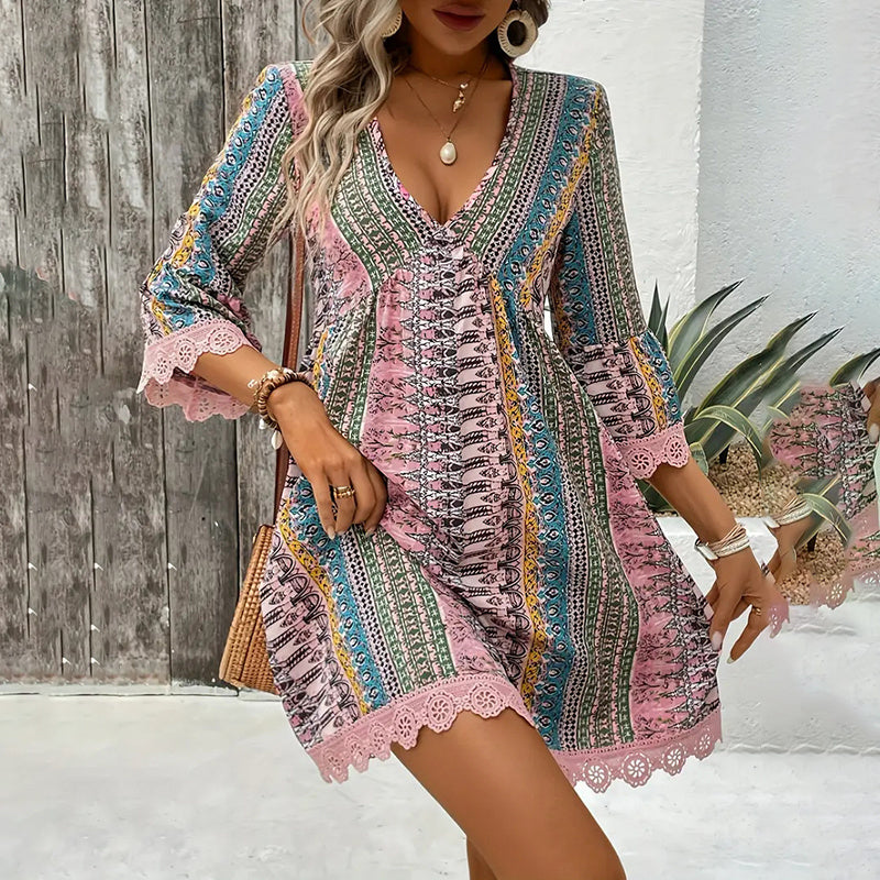 Women's V-Neck Print Dress - Lace Trim Summer Sundress, Casual Boho Chic Style