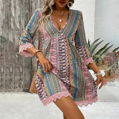 Women's V-Neck Print Dress - Lace Trim Summer Sundress, Casual Boho Chic Style